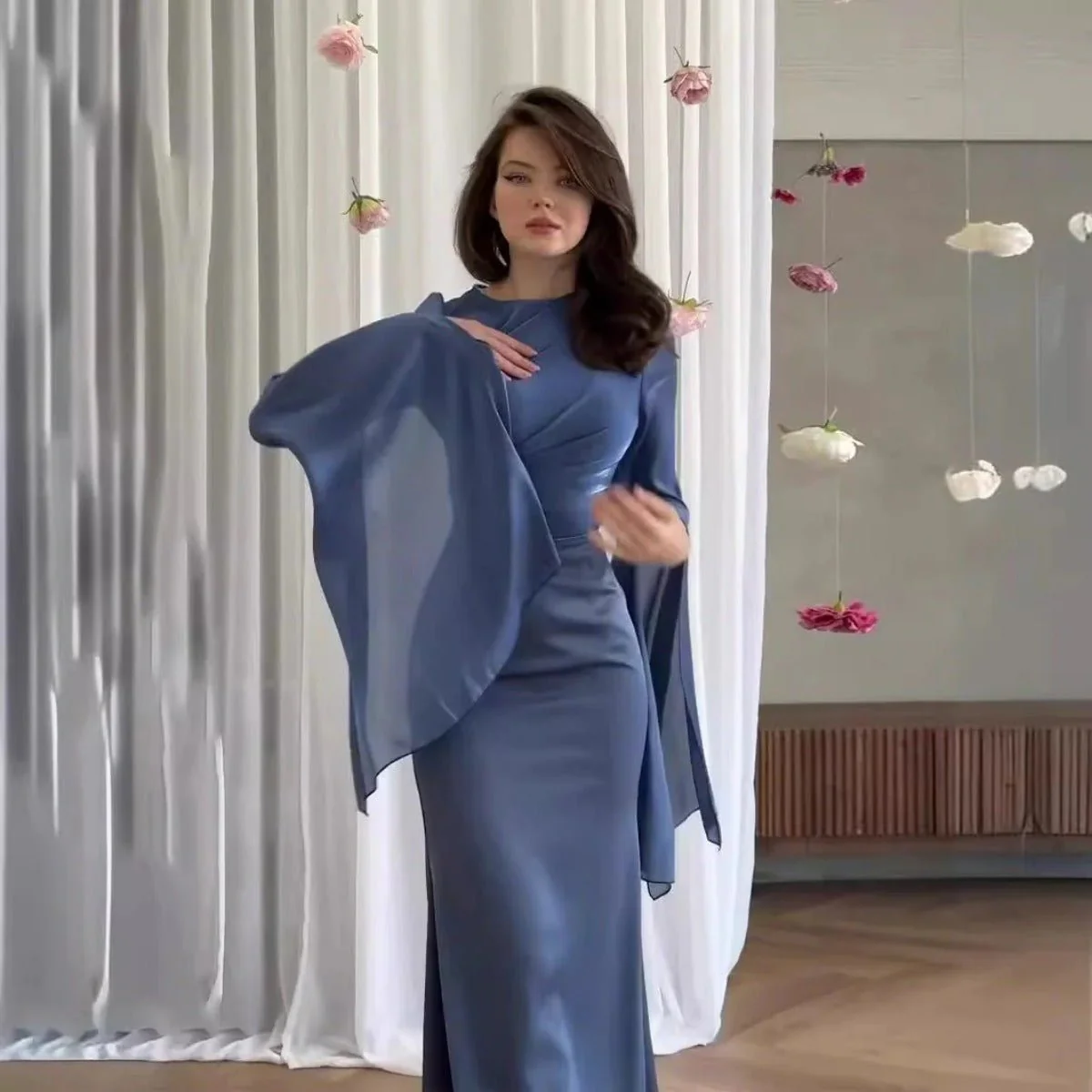 Elegant Summer Satin Slim Dress with Glass Yarn Pendulum Sleeves (MA161) - Image 7