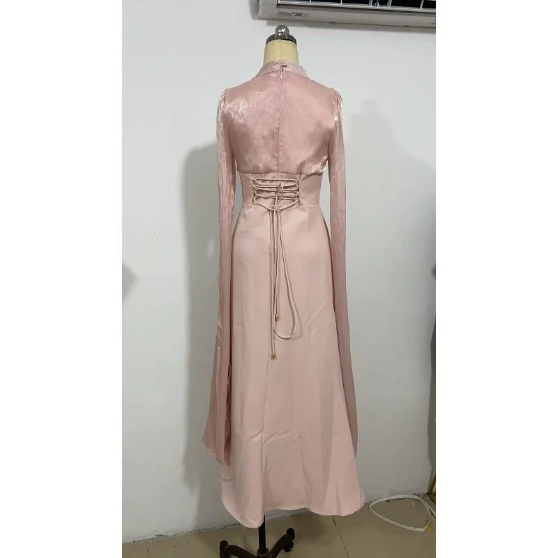 Elegant Swinging Sleeve Silk Satin Abaya Dress | High Waist Modest Maxi Dress with Back Strap Detail(MA295) - Image 5
