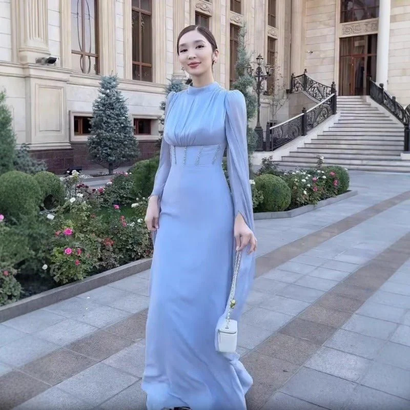 Elegant Swinging Sleeve Silk Satin Abaya Dress | High Waist Modest Maxi Dress with Back Strap Detail(MA295) - Image 6