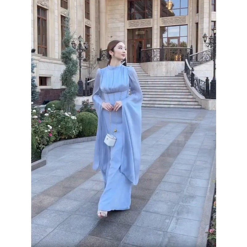 Elegant Swinging Sleeve Silk Satin Abaya Dress | High Waist Modest Maxi Dress with Back Strap Detail(MA295) - Image 7