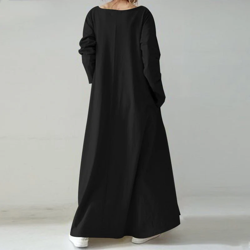 Elegant V-Neck Long Sleeve Maxi Dress | Loose Fit Cotton Blend Dress with Hidden Pockets(MA314) - Image 10