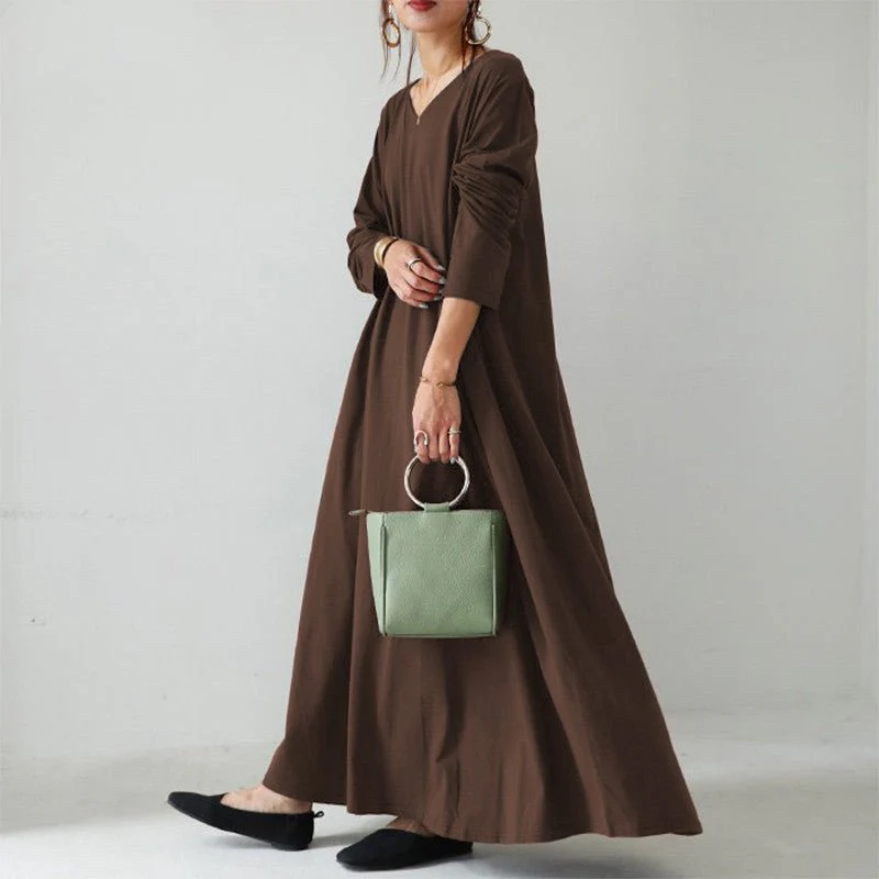 Elegant V-Neck Long Sleeve Maxi Dress | Loose Fit Cotton Blend Dress with Hidden Pockets(MA314) - Image 11