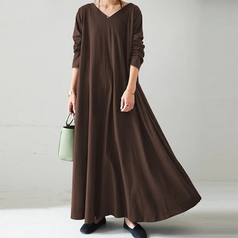 Elegant V-Neck Long Sleeve Maxi Dress | Loose Fit Cotton Blend Dress with Hidden Pockets(MA314) - Image 12