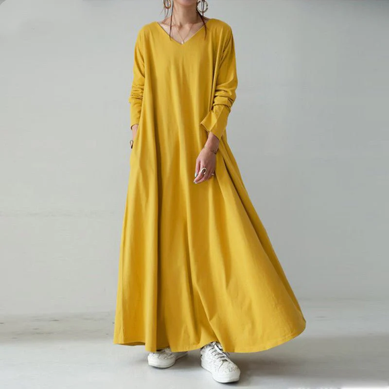 Elegant V-Neck Long Sleeve Maxi Dress | Loose Fit Cotton Blend Dress with Hidden Pockets(MA314) - Image 13