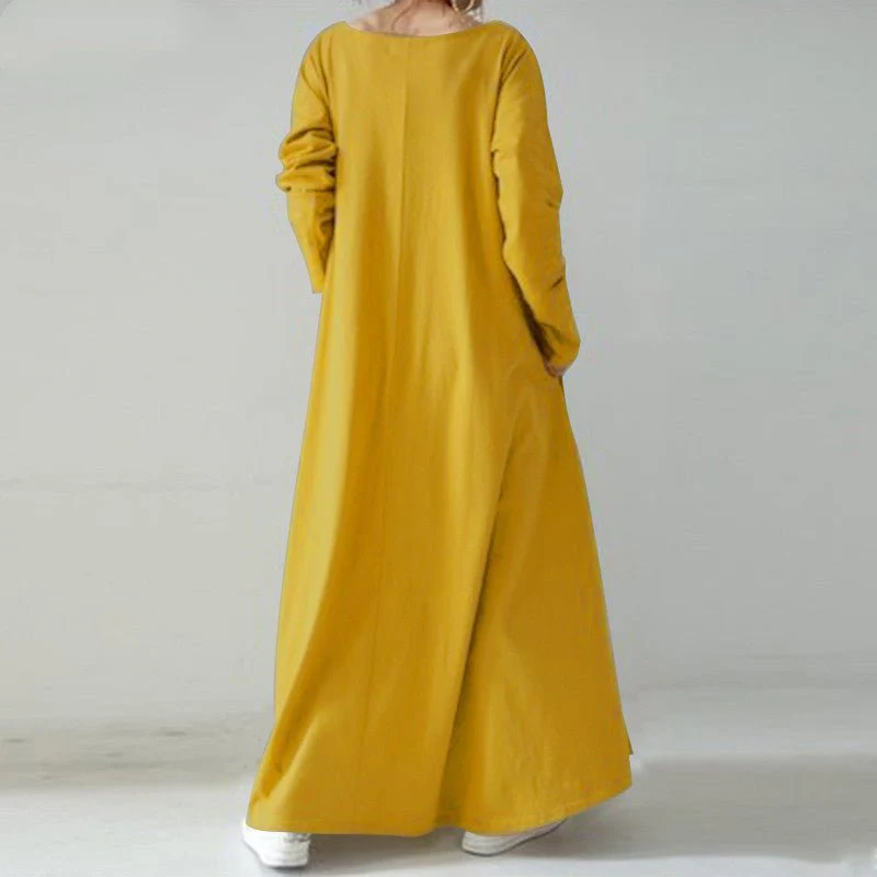 Elegant V-Neck Long Sleeve Maxi Dress | Loose Fit Cotton Blend Dress with Hidden Pockets(MA314) - Image 14