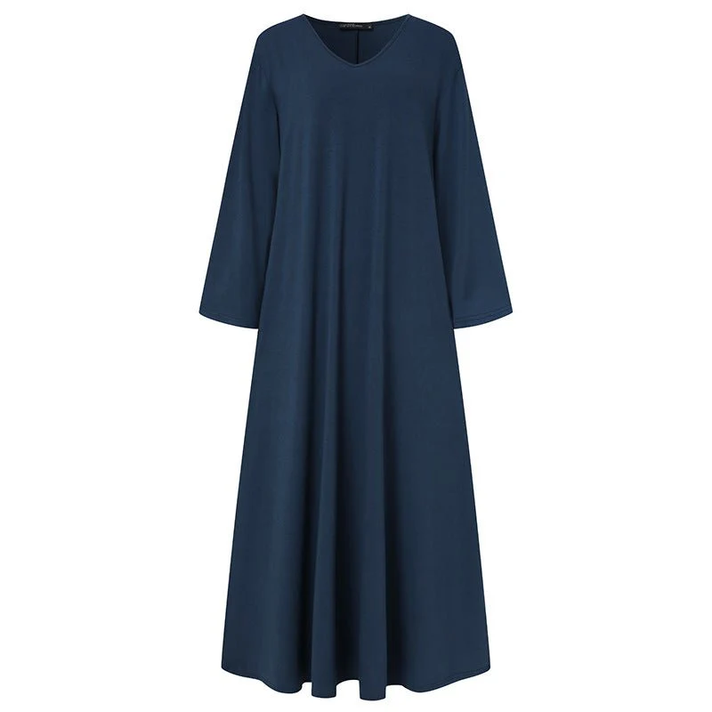 Elegant V-Neck Long Sleeve Maxi Dress | Loose Fit Cotton Blend Dress with Hidden Pockets(MA314) - Image 3