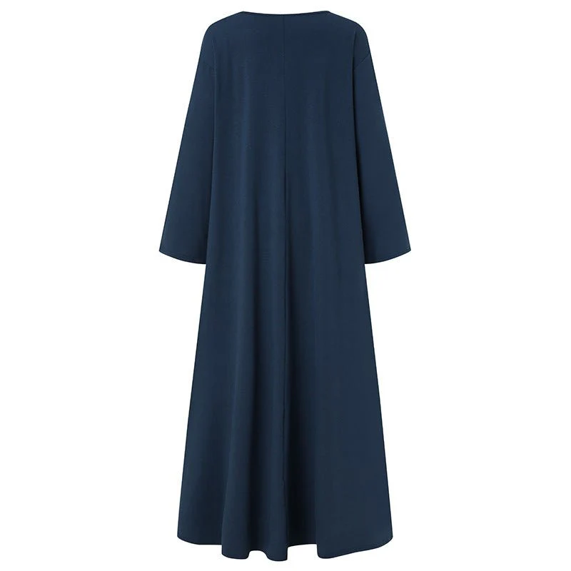 Elegant V-Neck Long Sleeve Maxi Dress | Loose Fit Cotton Blend Dress with Hidden Pockets(MA314) - Image 4