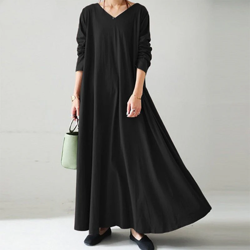 Elegant V-Neck Long Sleeve Maxi Dress | Loose Fit Cotton Blend Dress with Hidden Pockets(MA314) - Image 9