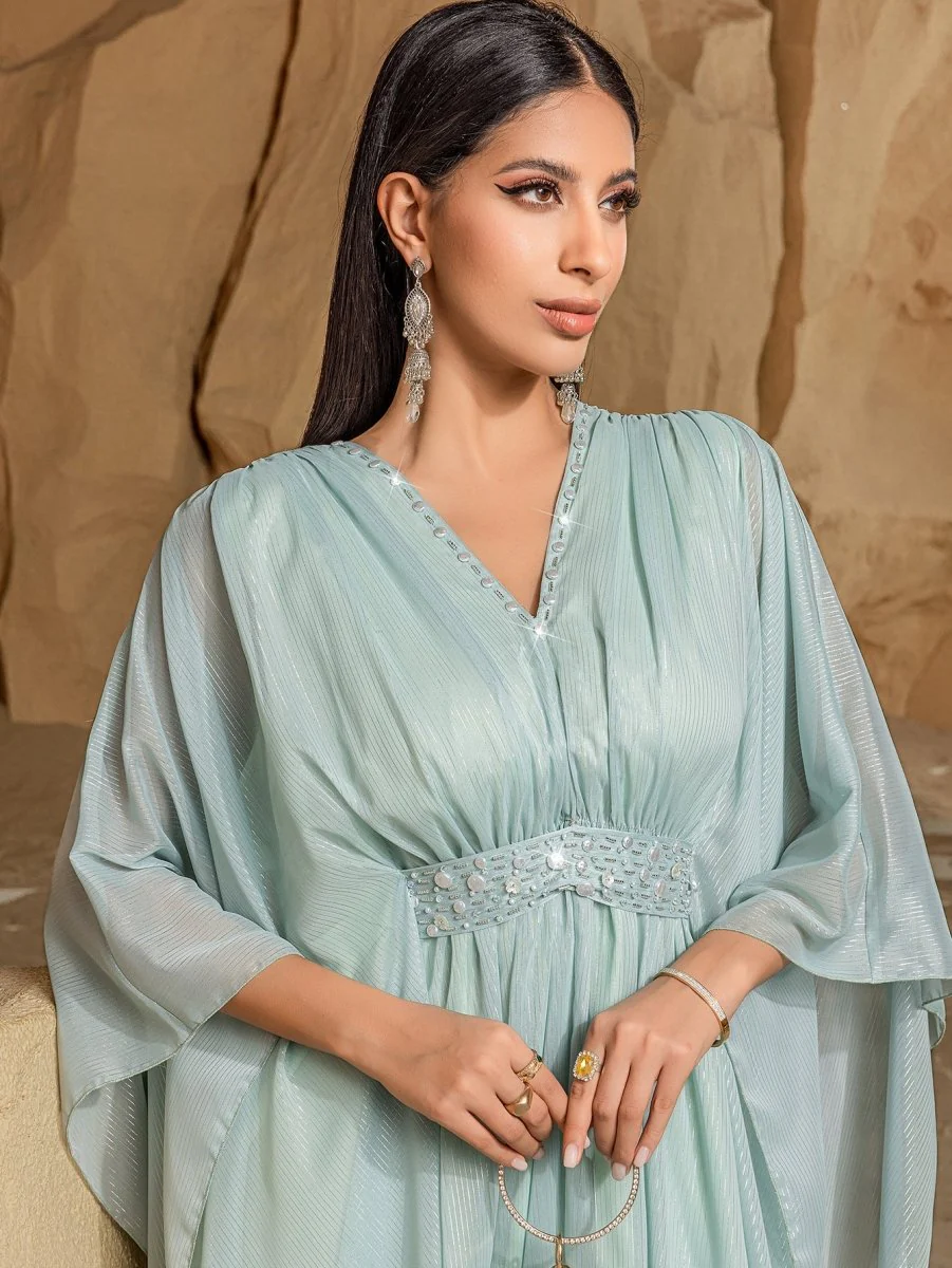 Elegant V-Neck Luxury Hand-Sewn Bead Embellished Travel & Party Abaya Robe Dress (MA188) - Image 10