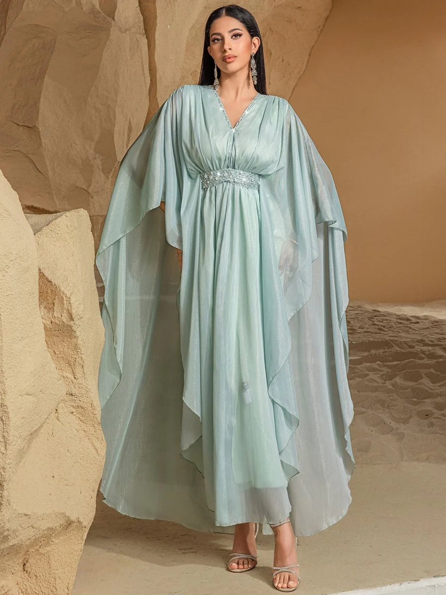 Elegant V-Neck Luxury Hand-Sewn Bead Embellished Travel & Party Abaya Robe Dress (MA188) - Image 11