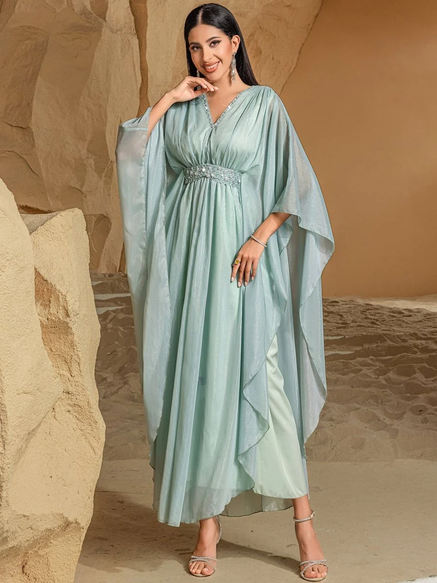 Elegant V-Neck Luxury Hand-Sewn Bead Embellished Travel & Party Abaya Robe Dress (MA188) - Image 12