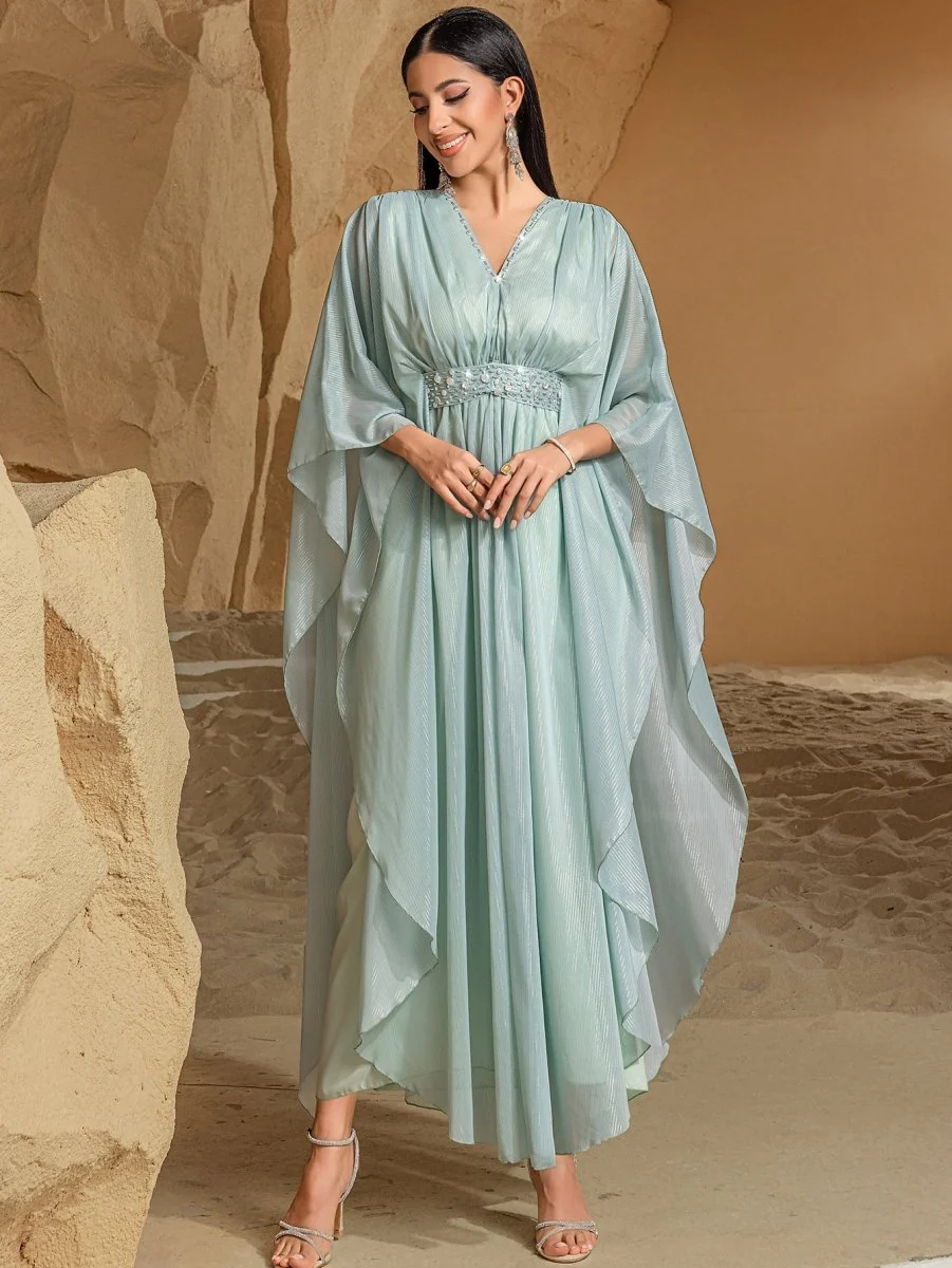 Elegant V-Neck Luxury Hand-Sewn Bead Embellished Travel & Party Abaya Robe Dress (MA188) - Image 13