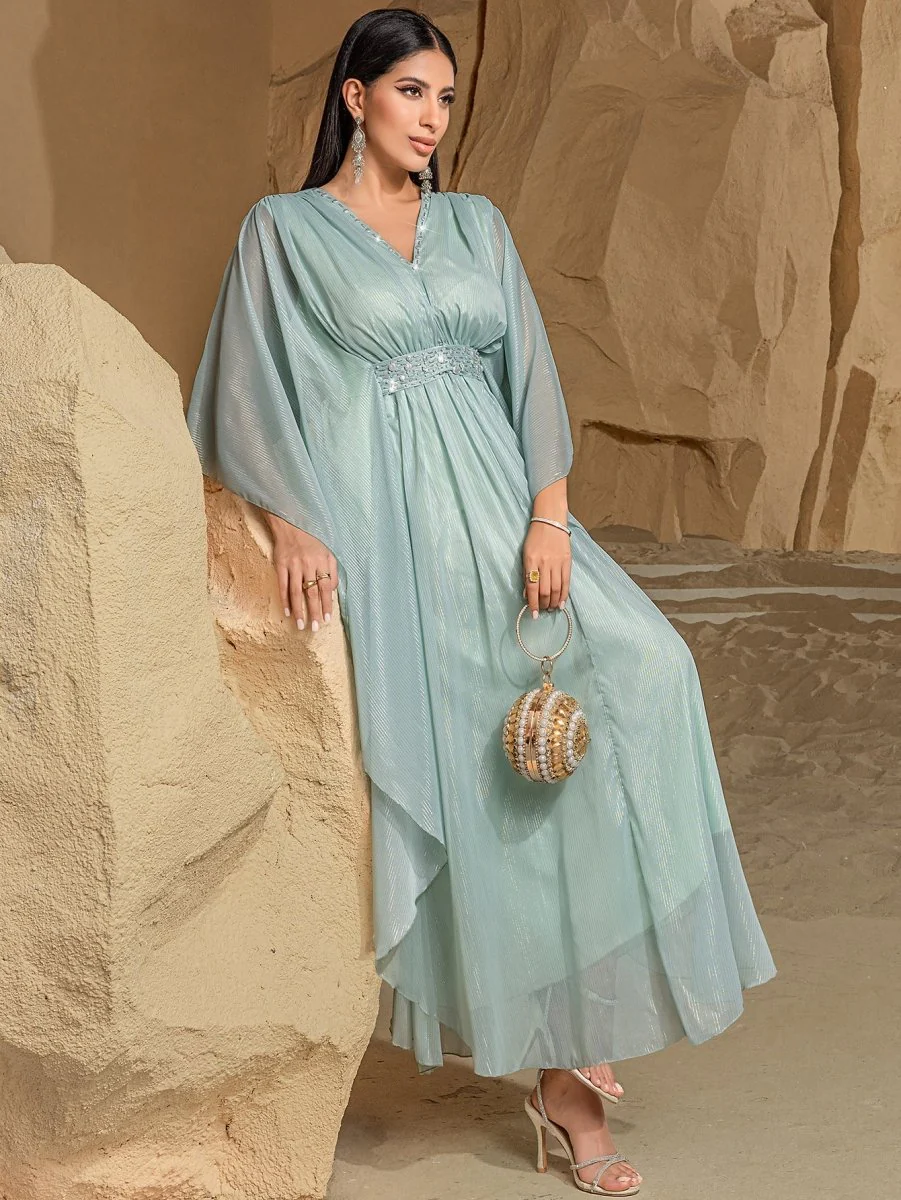 Elegant V-Neck Luxury Hand-Sewn Bead Embellished Travel & Party Abaya Robe Dress (MA188) - Image 14
