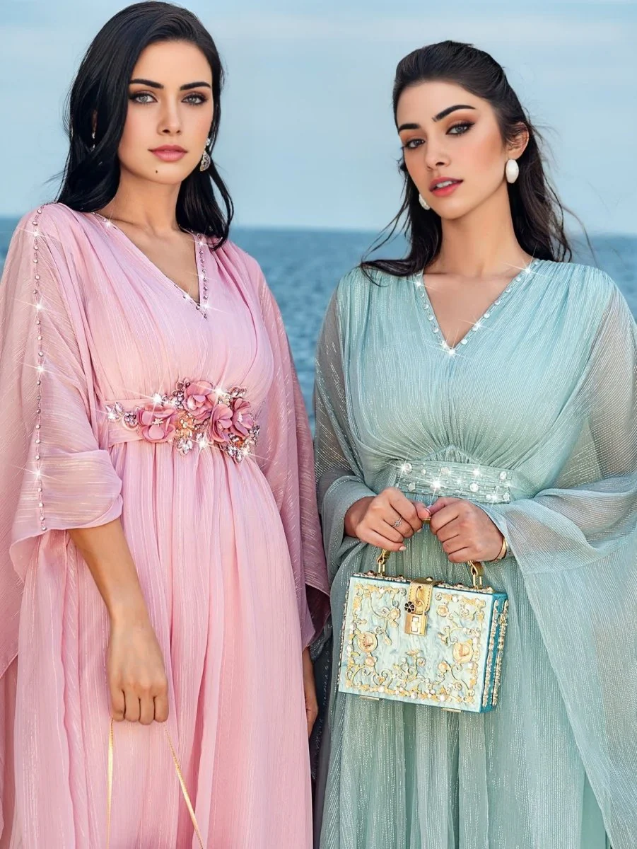 Elegant V-Neck Luxury Hand-Sewn Bead Embellished Travel & Party Abaya Robe Dress (MA188) - Image 15