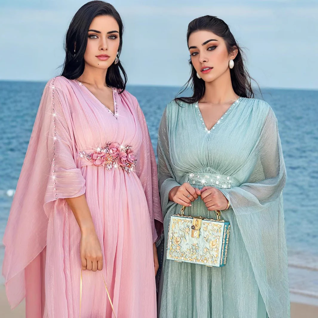 Elegant V-Neck Luxury Hand-Sewn Bead Embellished Travel & Party Abaya Robe Dress (MA188) - Image 3