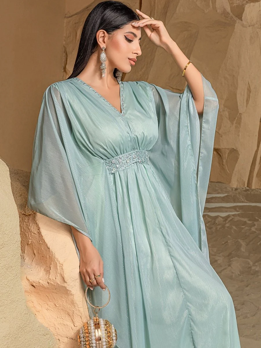 Elegant V-Neck Luxury Hand-Sewn Bead Embellished Travel & Party Abaya Robe Dress (MA188) - Image 5