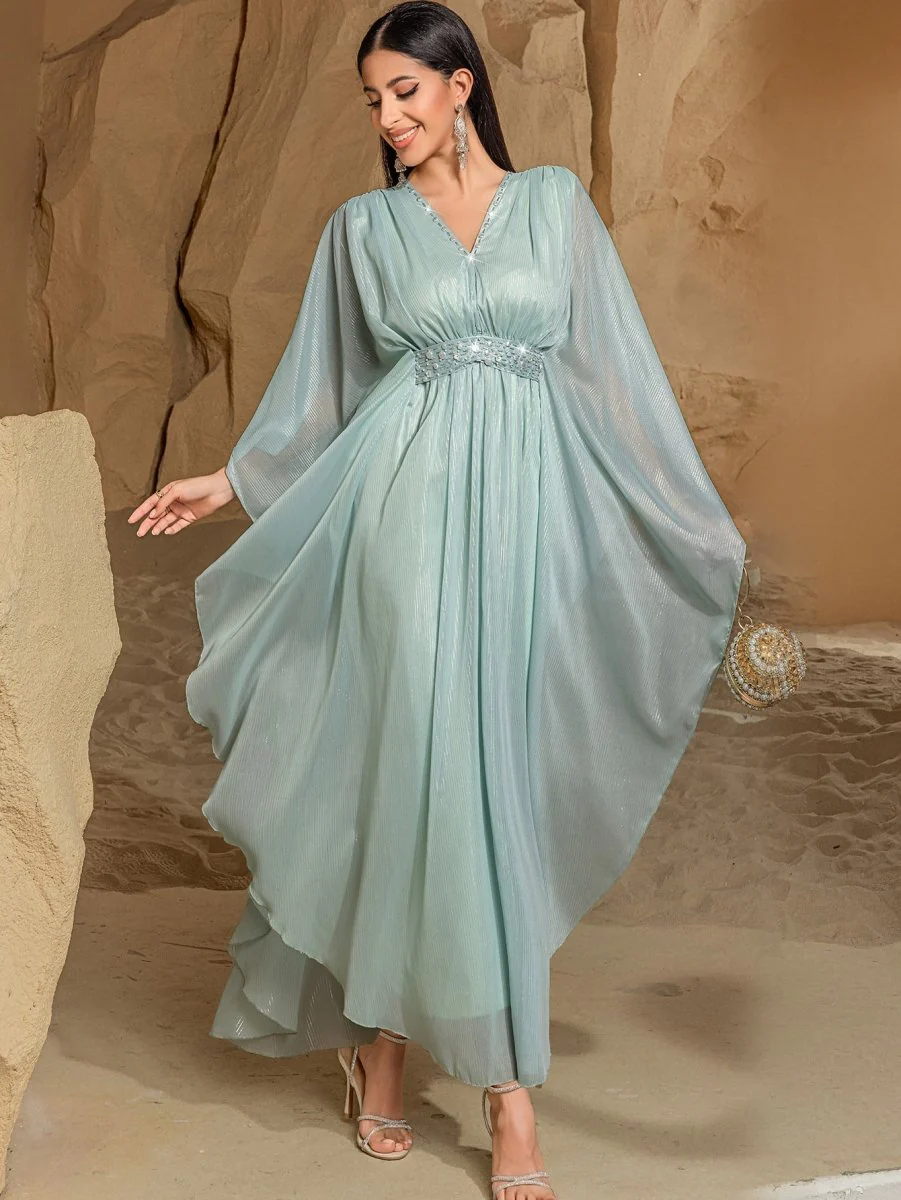 Elegant V-Neck Luxury Hand-Sewn Bead Embellished Travel & Party Abaya Robe Dress (MA188) - Image 6