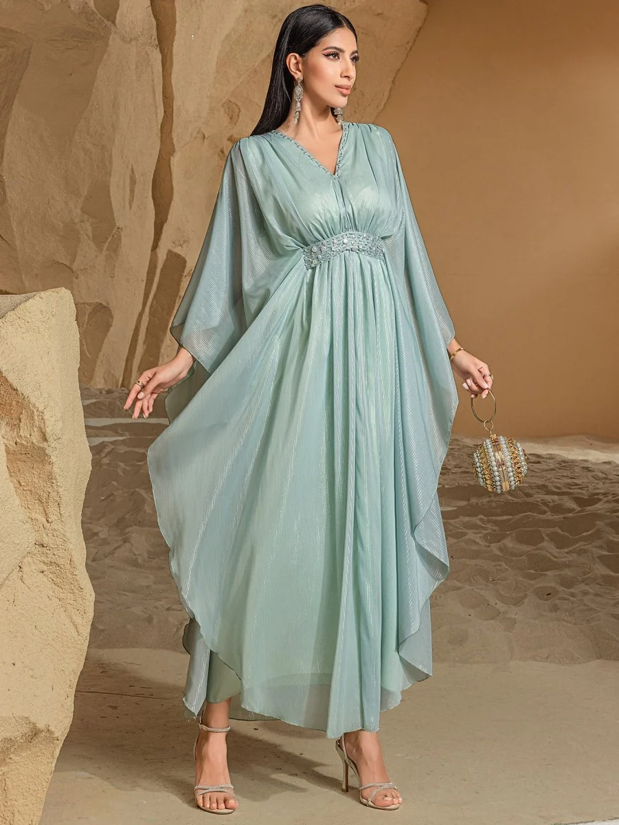Elegant V-Neck Luxury Hand-Sewn Bead Embellished Travel & Party Abaya Robe Dress (MA188) - Image 7