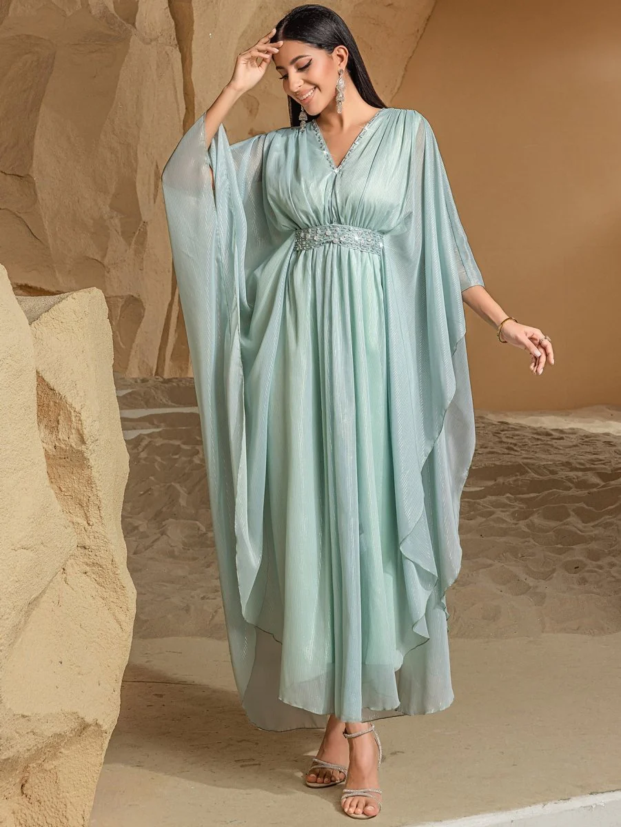 Elegant V-Neck Luxury Hand-Sewn Bead Embellished Travel & Party Abaya Robe Dress (MA188) - Image 8