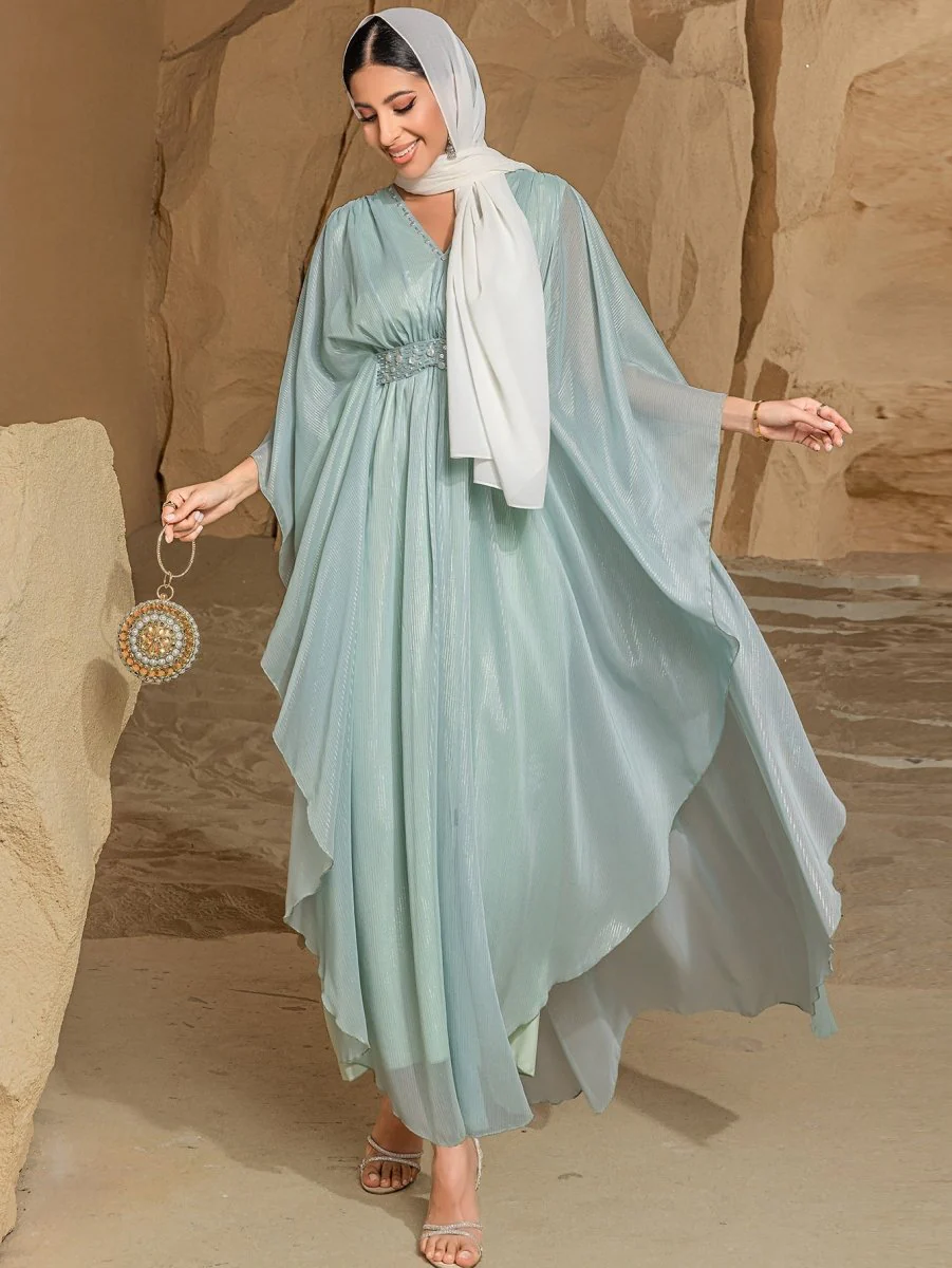 Elegant V-Neck Luxury Hand-Sewn Bead Embellished Travel & Party Abaya Robe Dress (MA188) - Image 9