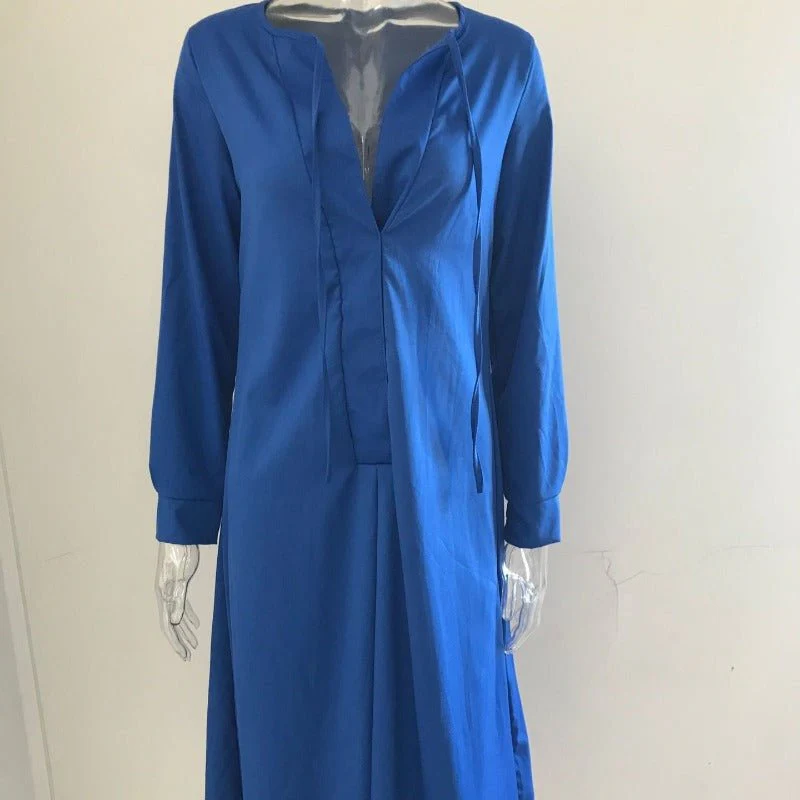 Elegant V-Neck Maxi Dress with Drawstring Design | Contemporary Modest Wear (MS121) - Image 11