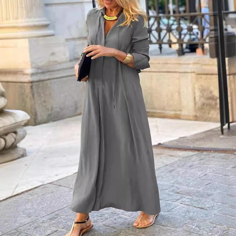 Elegant V-Neck Maxi Dress with Drawstring Design | Contemporary Modest Wear (MS121) - Image 14