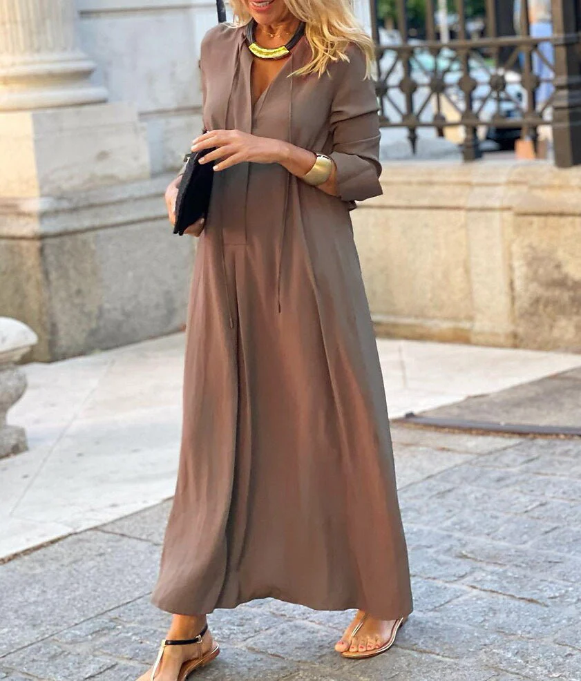 Elegant V-Neck Maxi Dress with Drawstring Design | Contemporary Modest Wear (MS121) - Image 25
