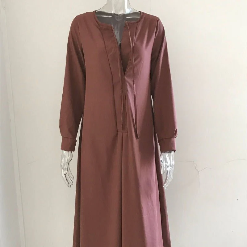 Elegant V-Neck Maxi Dress with Drawstring Design | Contemporary Modest Wear (MS121) - Image 3