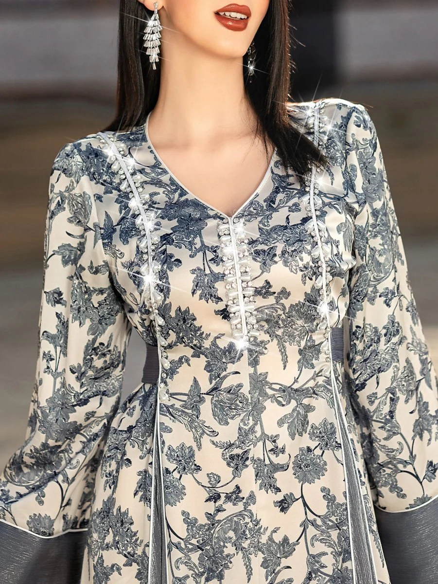 Elegant V-Neck Satin Floral Hand-Stitched Pearl & Crystal Bead Long Sleeve Maxi Dress with Gray Abaya Dress(MA192) - Image 10