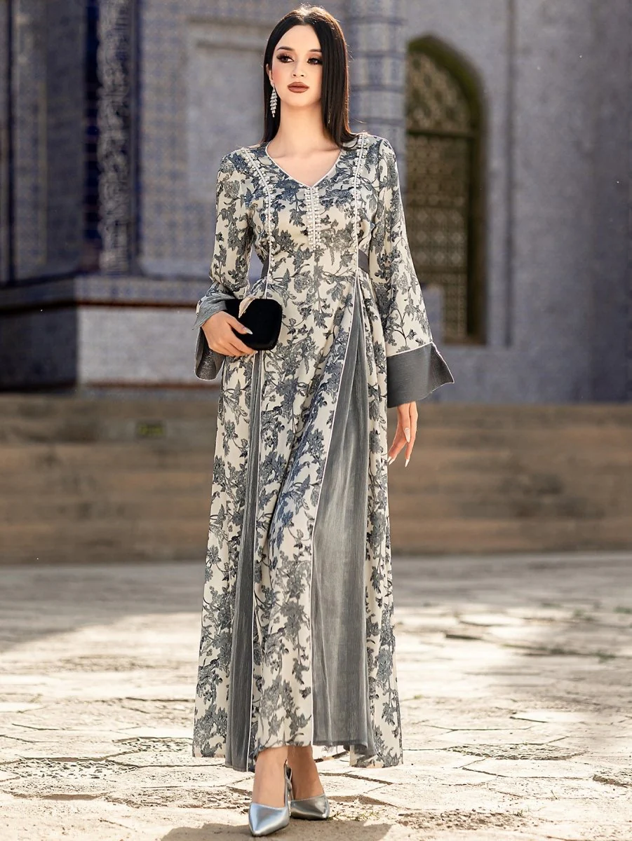 Elegant V-Neck Satin Floral Hand-Stitched Pearl & Crystal Bead Long Sleeve Maxi Dress with Gray Abaya Dress(MA192) - Image 11
