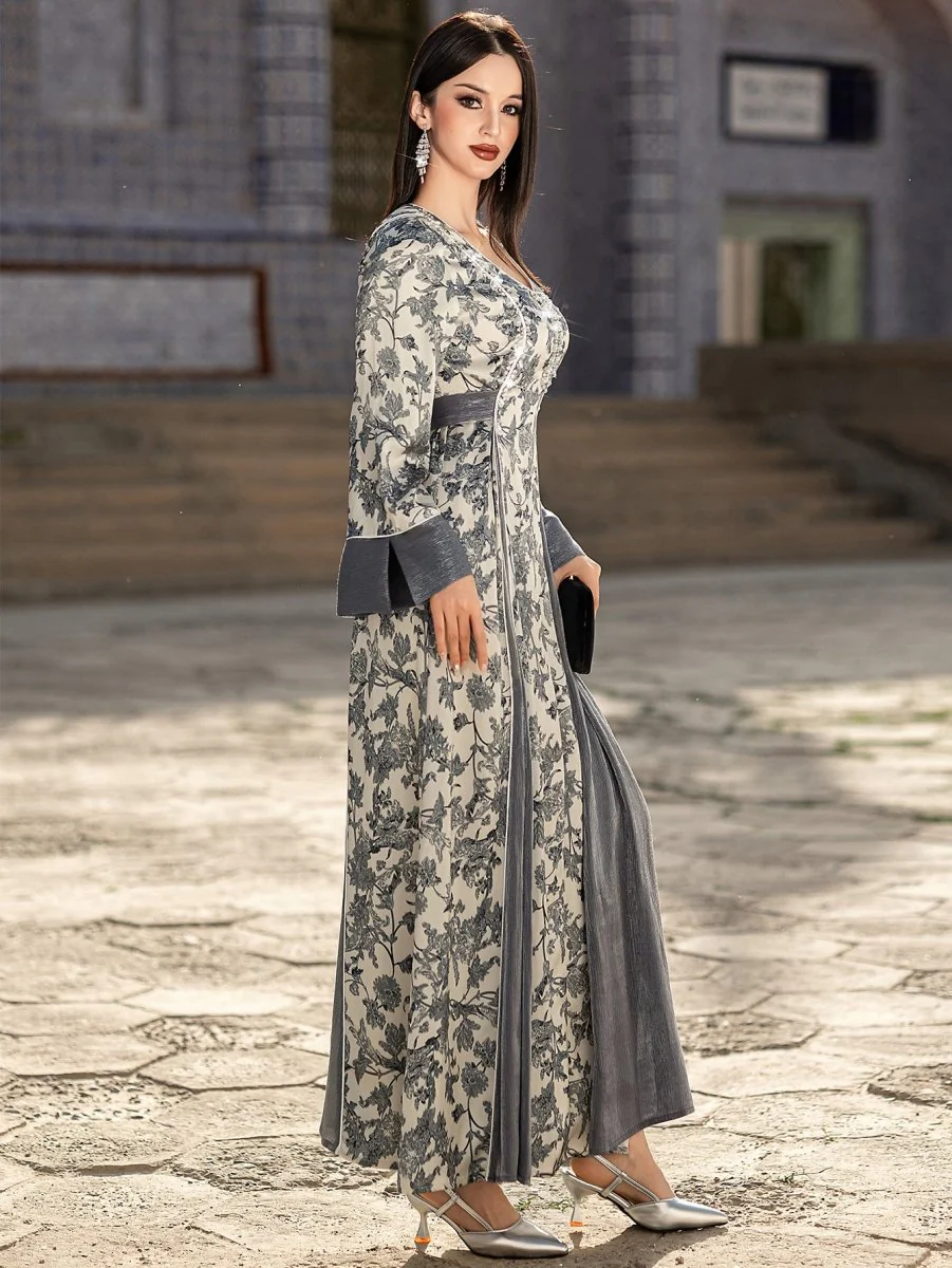 Elegant V-Neck Satin Floral Hand-Stitched Pearl & Crystal Bead Long Sleeve Maxi Dress with Gray Abaya Dress(MA192) - Image 12