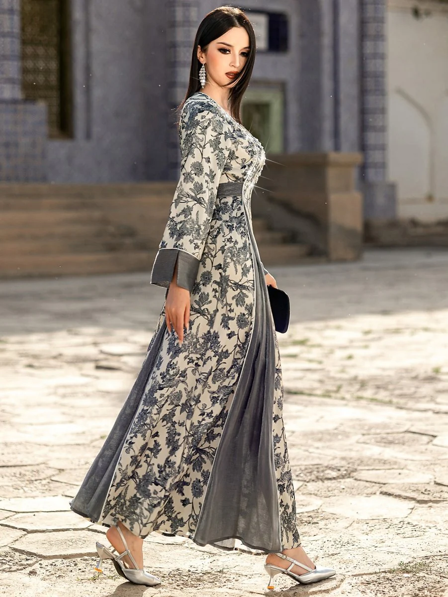 Elegant V-Neck Satin Floral Hand-Stitched Pearl & Crystal Bead Long Sleeve Maxi Dress with Gray Abaya Dress(MA192) - Image 13
