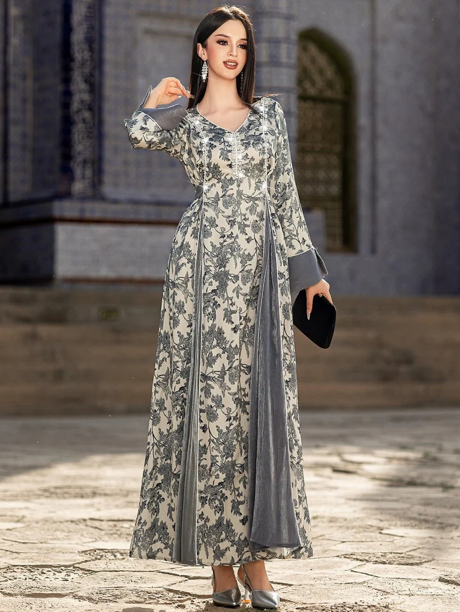 Elegant V-Neck Satin Floral Hand-Stitched Pearl & Crystal Bead Long Sleeve Maxi Dress with Gray Abaya Dress(MA192) - Image 14
