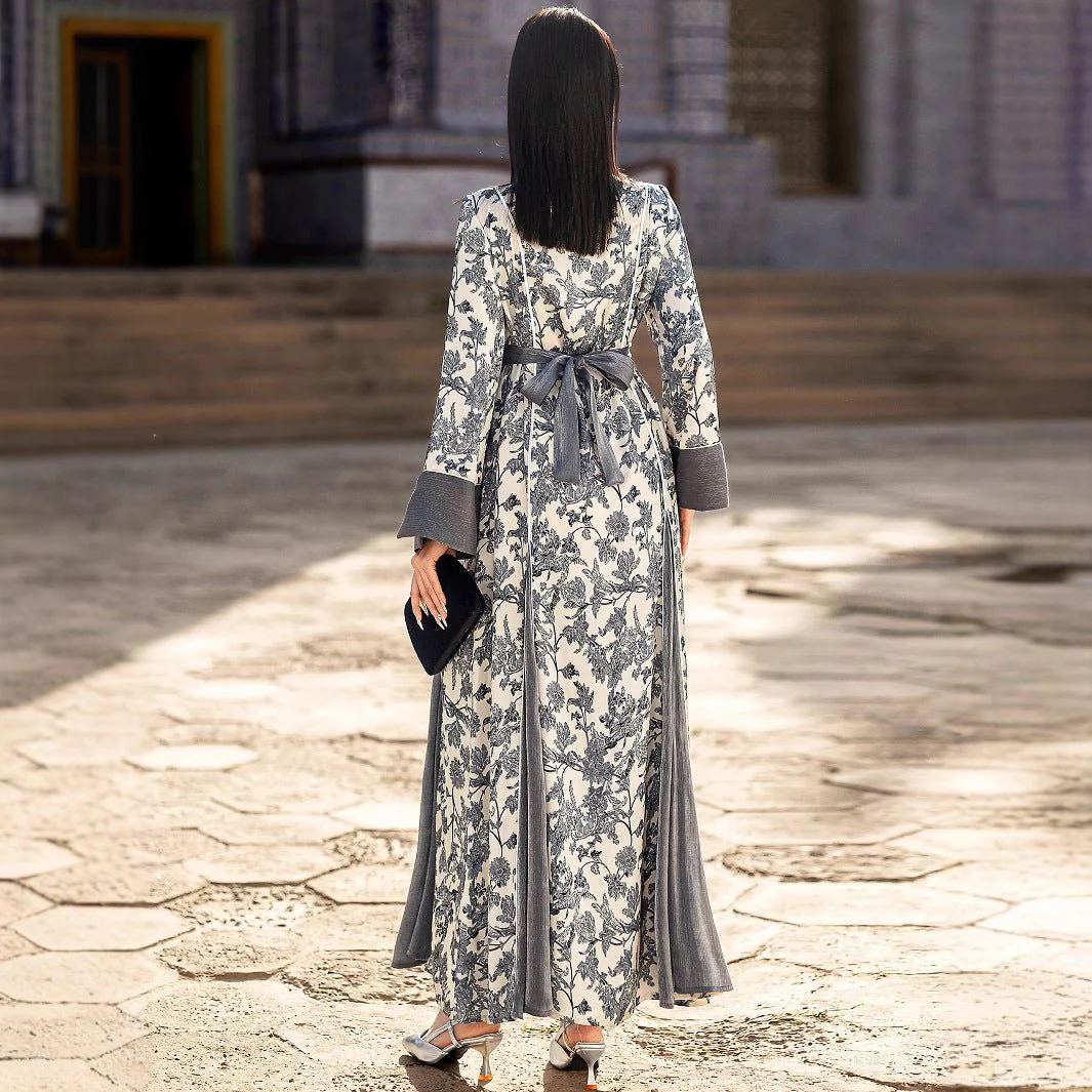 Elegant V-Neck Satin Floral Hand-Stitched Pearl & Crystal Bead Long Sleeve Maxi Dress with Gray Abaya Dress(MA192) - Image 3