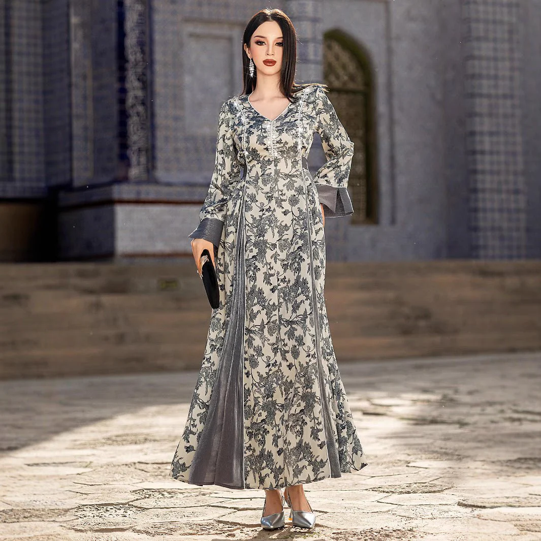 Elegant V-Neck Satin Floral Hand-Stitched Pearl & Crystal Bead Long Sleeve Maxi Dress with Gray Abaya Dress(MA192) - Image 6