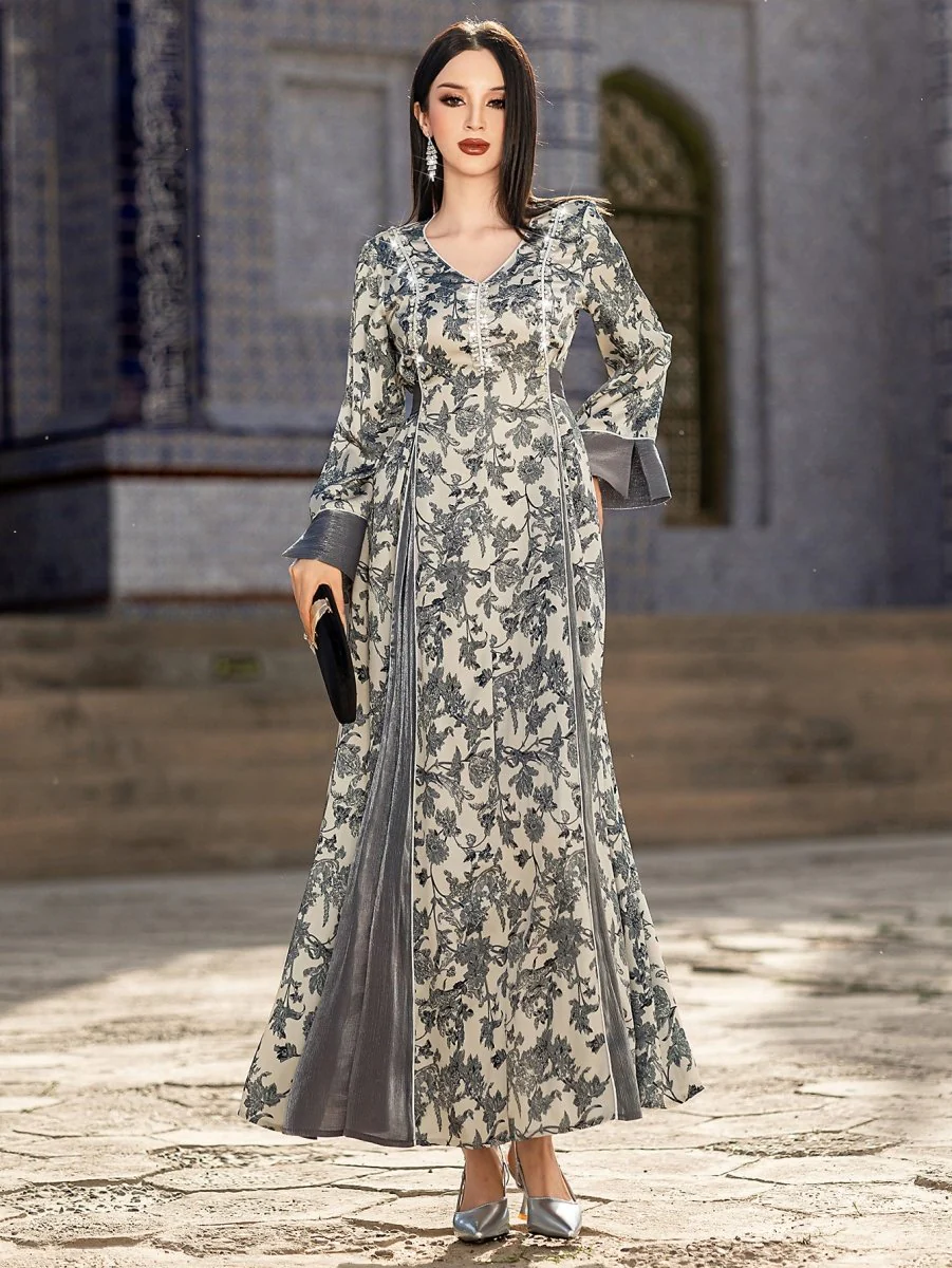 Elegant V-Neck Satin Floral Hand-Stitched Pearl & Crystal Bead Long Sleeve Maxi Dress with Gray Abaya Dress(MA192) - Image 7