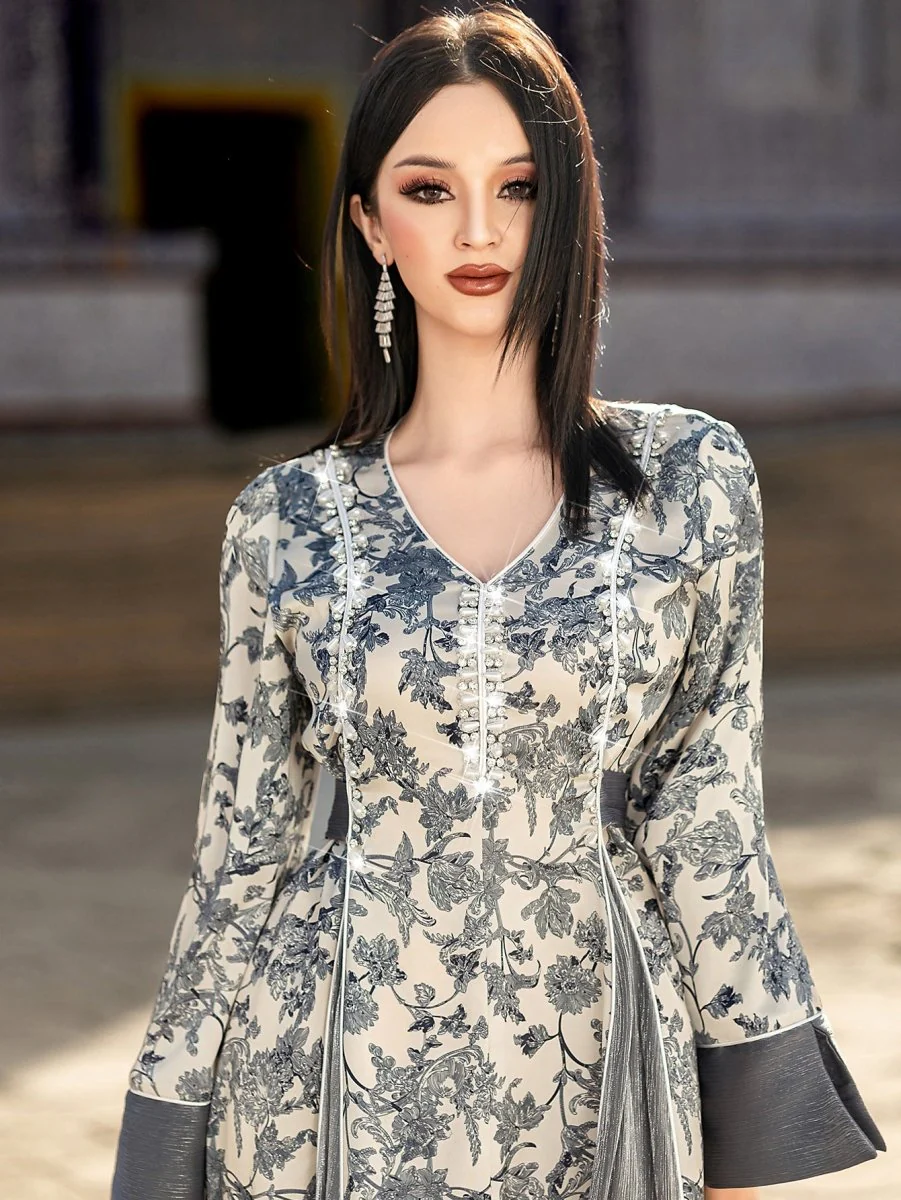 Elegant V-Neck Satin Floral Hand-Stitched Pearl & Crystal Bead Long Sleeve Maxi Dress with Gray Abaya Dress(MA192) - Image 8