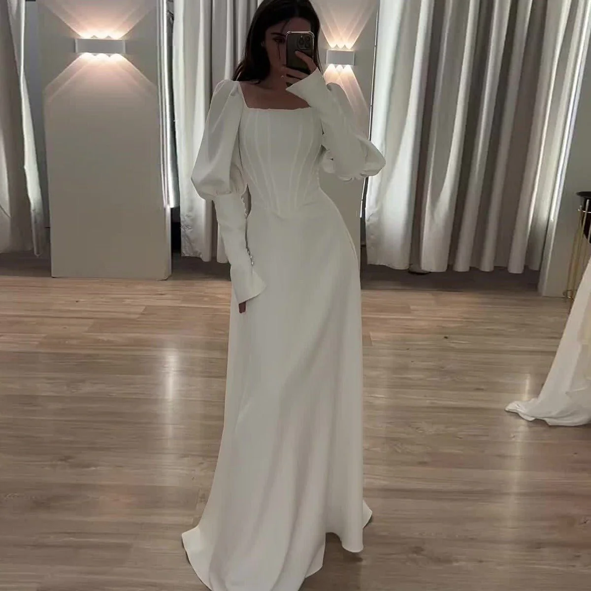 Elegant White Square Neck Long Sleeve Bubble Sleeve Modest Dress Abaya (MA228)