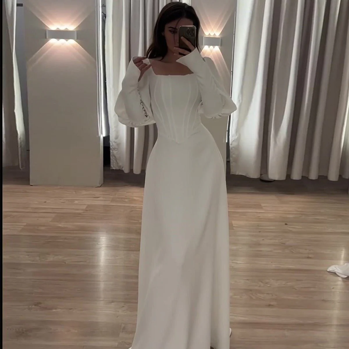 Elegant White Square Neck Long Sleeve Bubble Sleeve Modest Dress Abaya (MA228) - Image 2