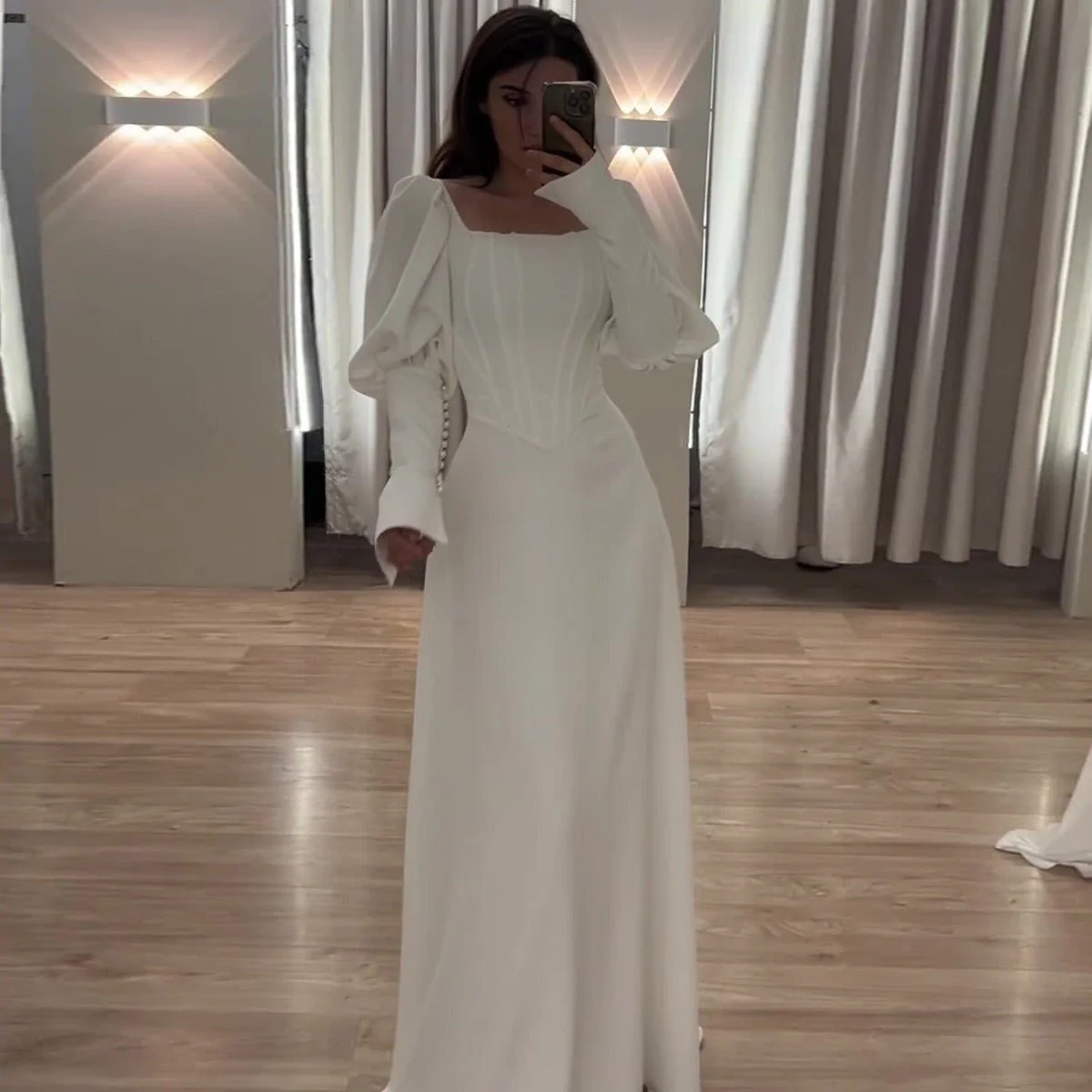 Elegant White Square Neck Long Sleeve Bubble Sleeve Modest Dress Abaya (MA228) - Image 3