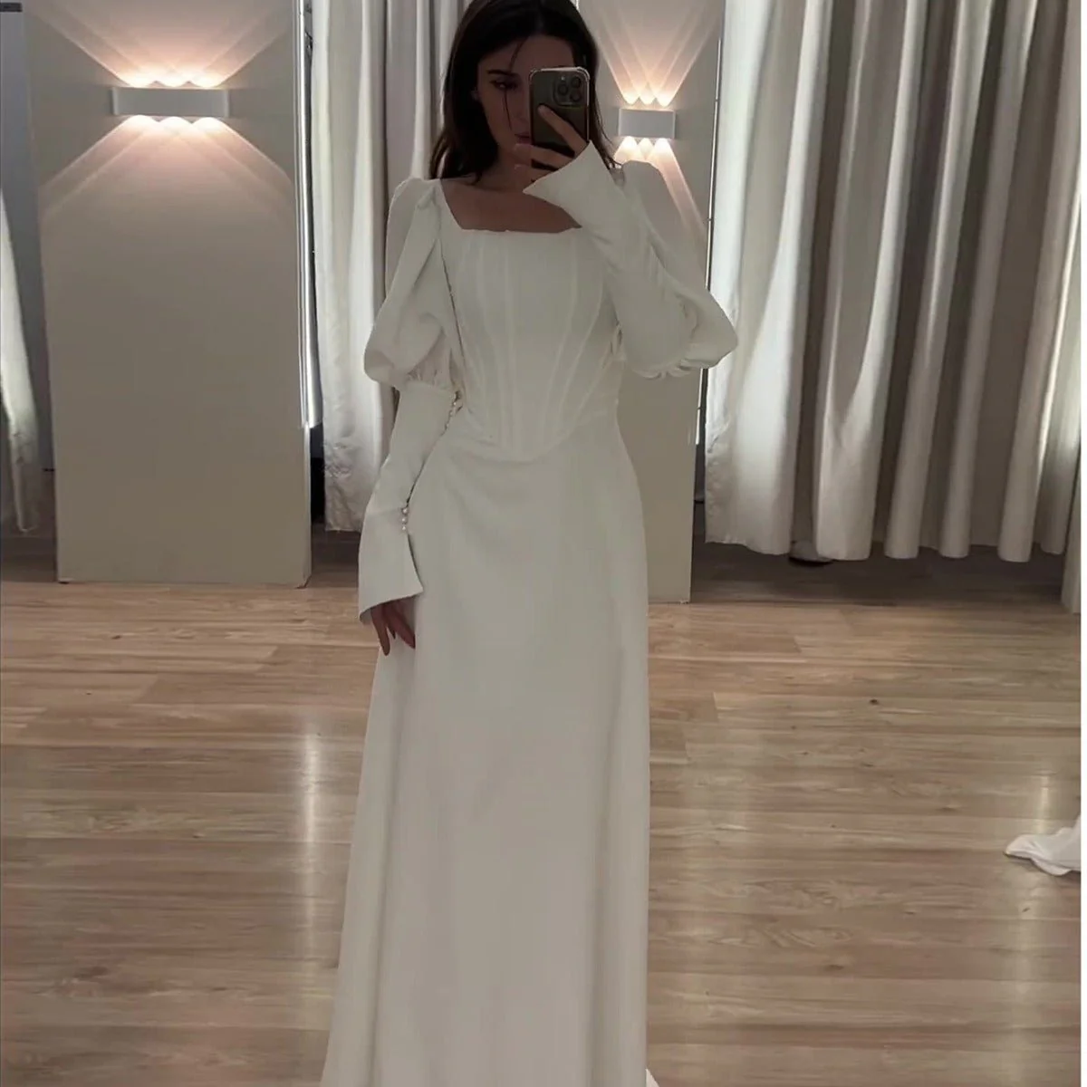 Elegant White Square Neck Long Sleeve Bubble Sleeve Modest Dress Abaya (MA228) - Image 4