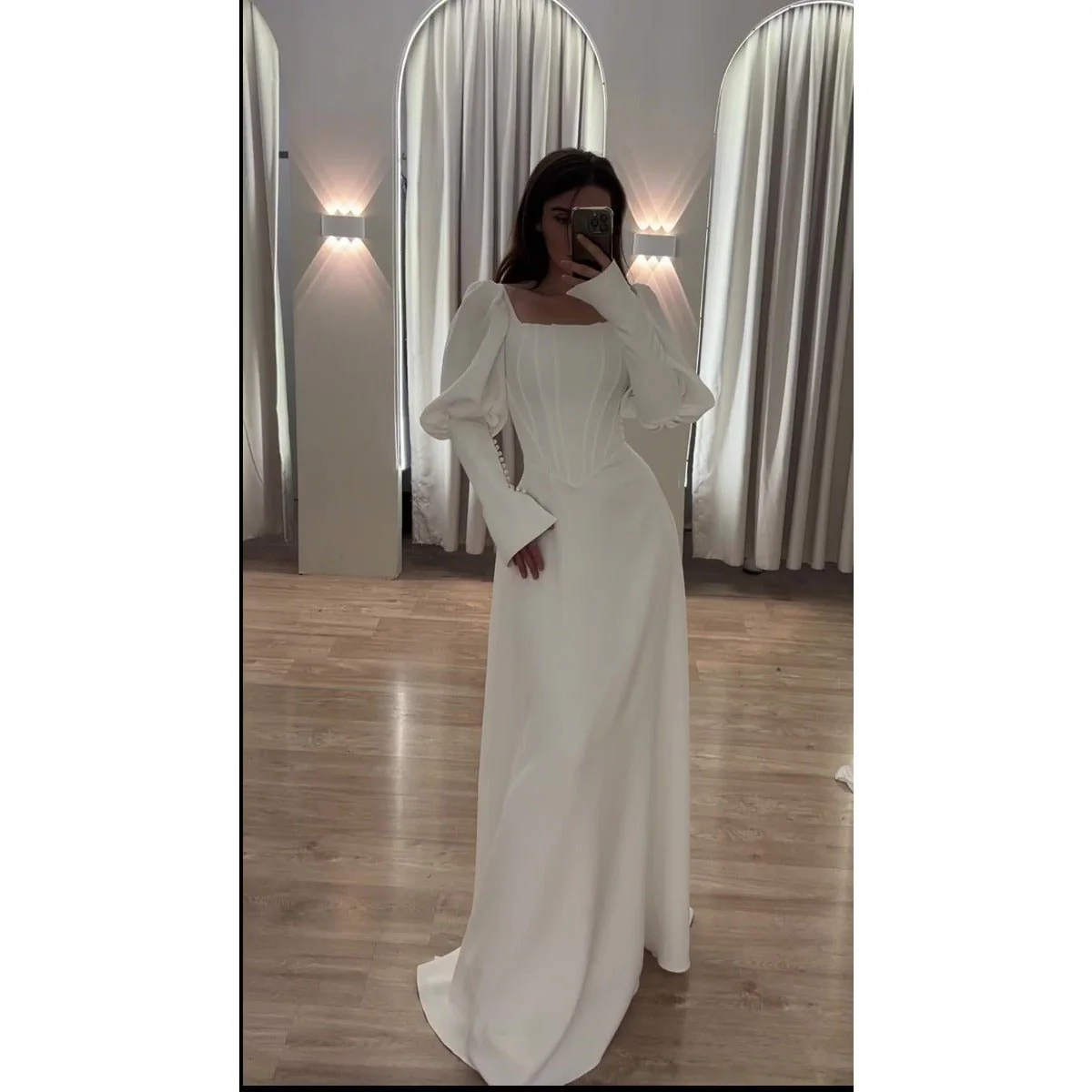 Elegant White Square Neck Long Sleeve Bubble Sleeve Modest Dress Abaya (MA228) - Image 5