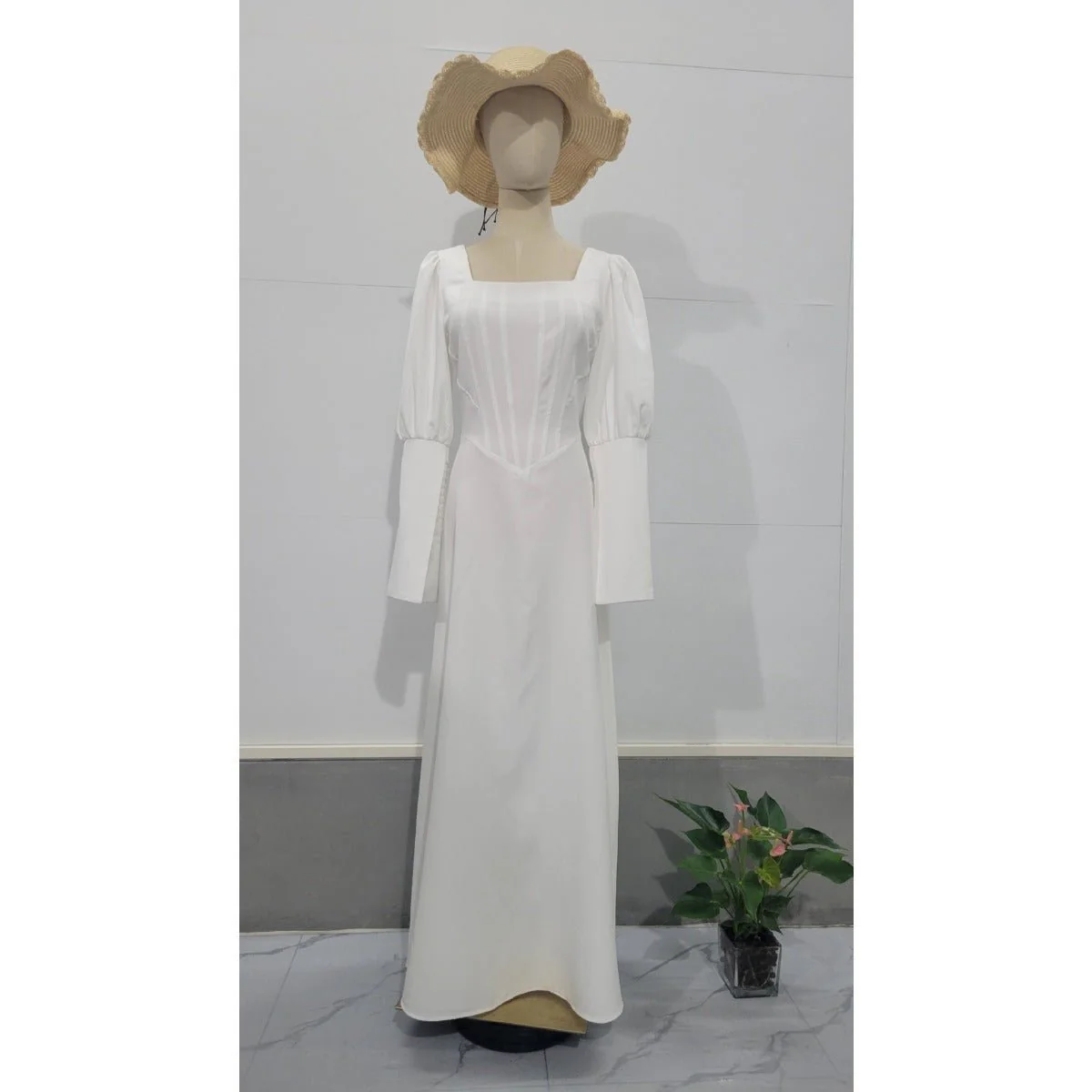 Elegant White Square Neck Long Sleeve Bubble Sleeve Modest Dress Abaya (MA228) - Image 6