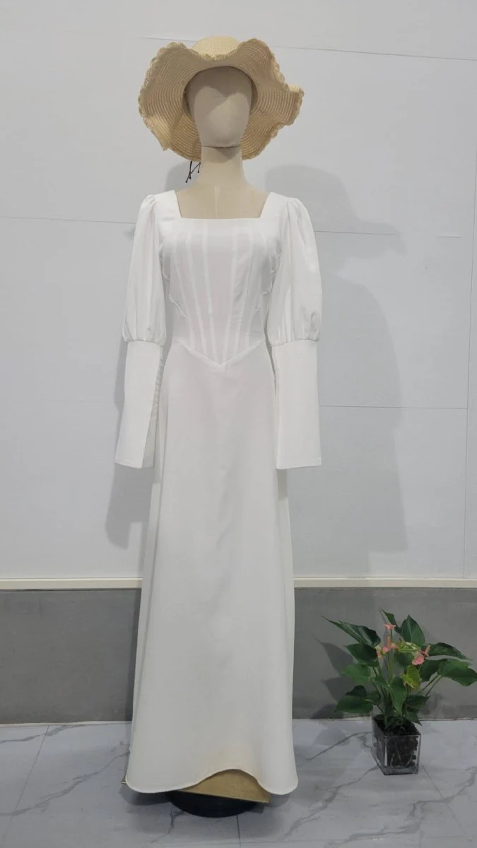 Elegant White Square Neck Long Sleeve Bubble Sleeve Modest Dress Abaya (MA228) - Image 7