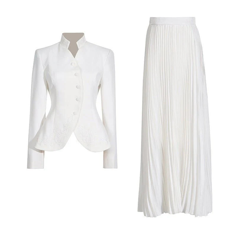 Embroidered Blazer & Pleated Skirt Set(MS214) - Image 3