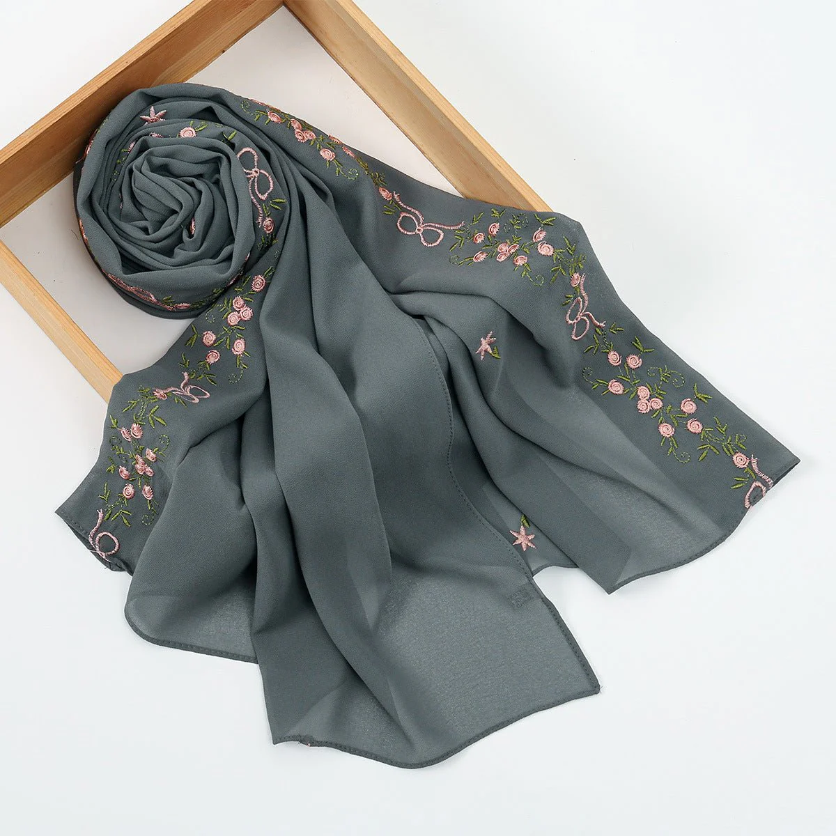 Embroidered Chiffon Hijab Scarf | Chiffon Hijab With Embroidery (MH220) - Image 15