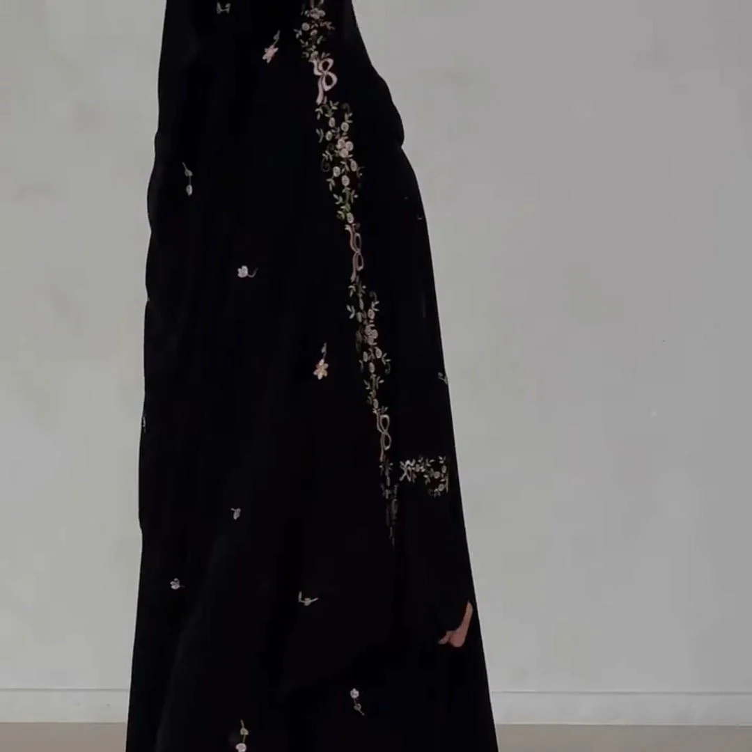 Embroidered Floral Abaya with Matching Hijab(MOA277) - Image 3