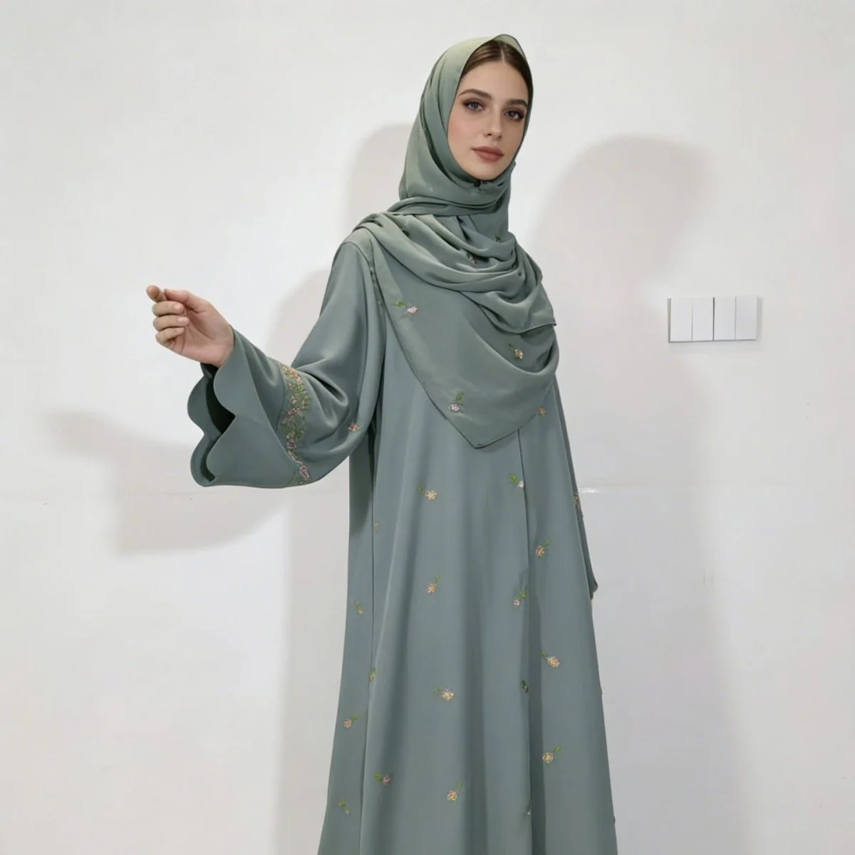 Embroidered Floral Abaya with Matching Hijab(MOA277) - Image 4