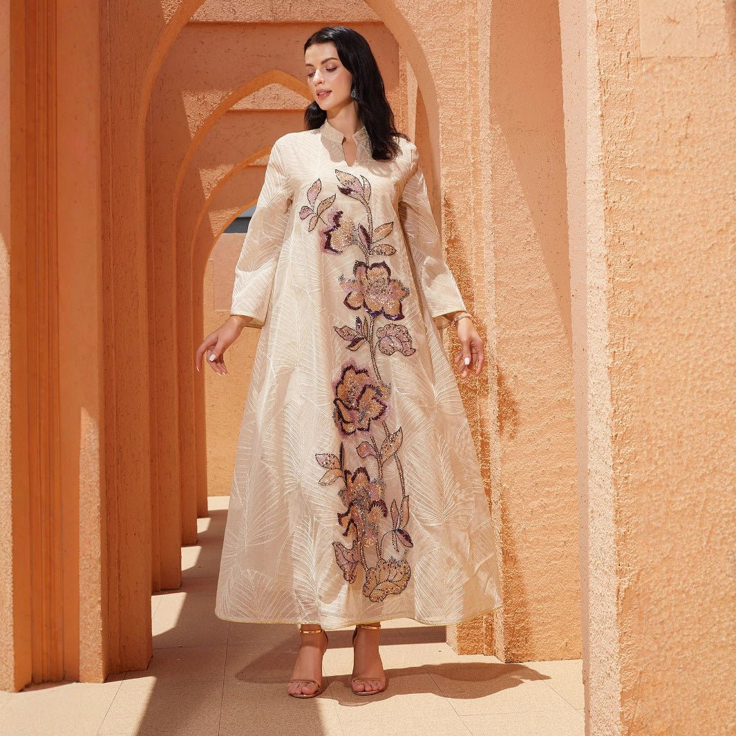 Embroidered Organza Abaya with Sequin Appliqués | Collared Floral Gown (MA373) - Image 3