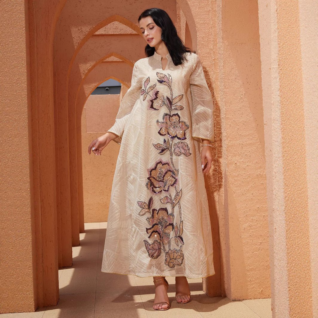 Embroidered Organza Abaya with Sequin Appliqués | Collared Floral Gown (MA373) - Image 4